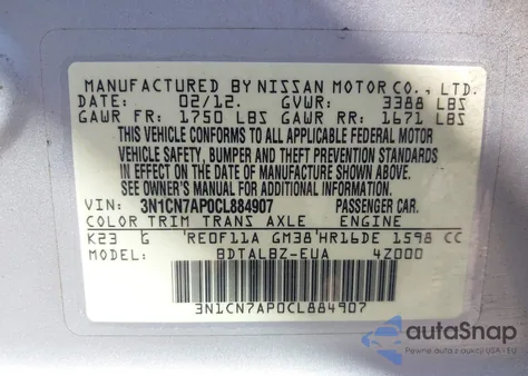 2012 Nissan Versa 1.6 Sv from USA, damaged, VIN 3N1CN7AP0CL884907